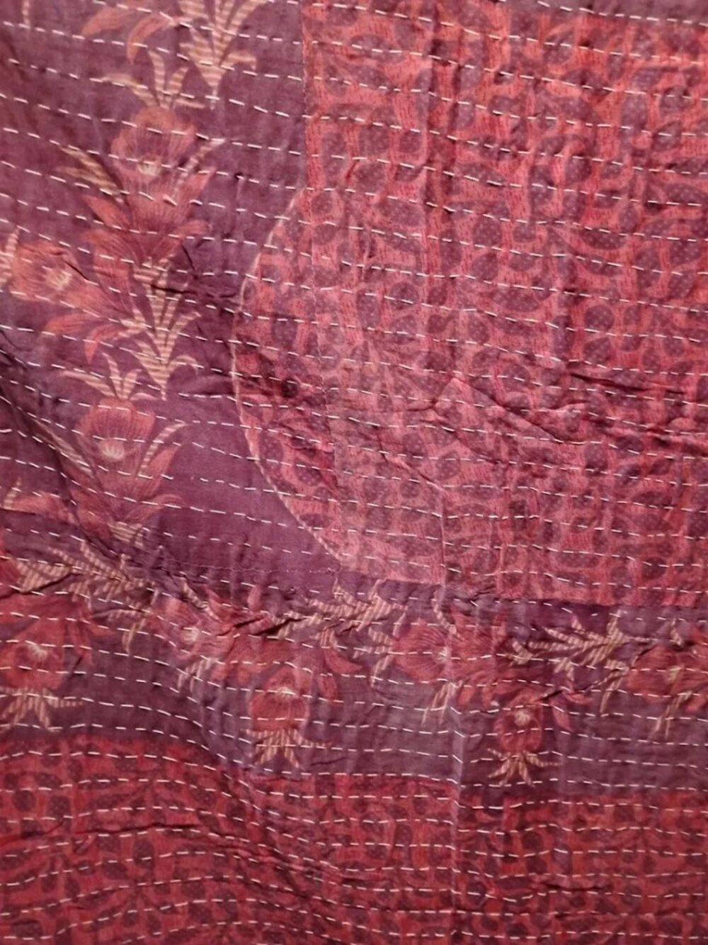 Kantha Quilt Pink Purple Premium 3 Layer Cotton Handmade In India New K221.
